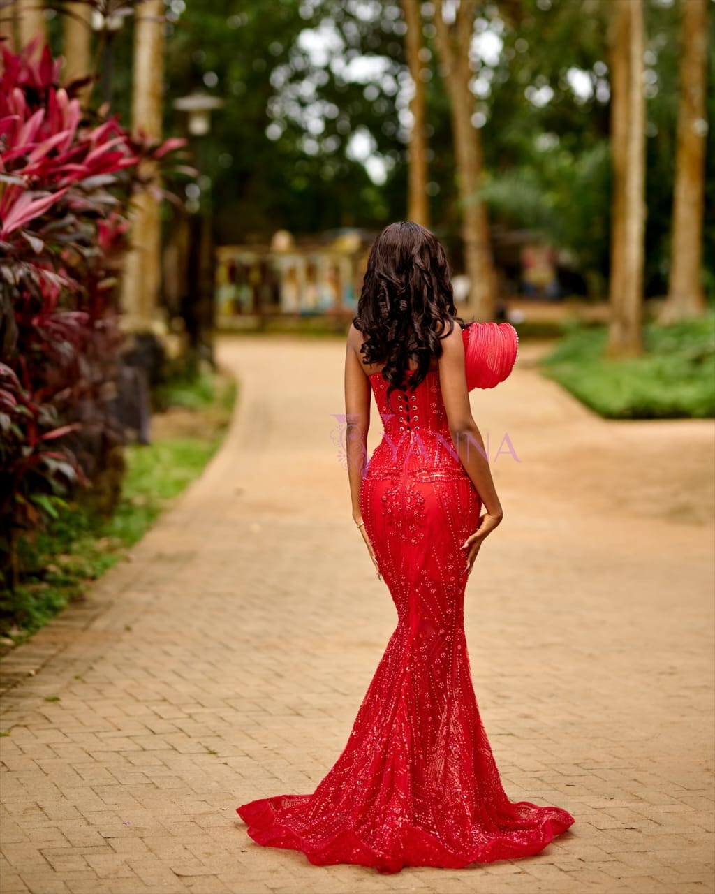 Crimson Beaded Statement Gown with Architectural Ruffle Detail - Image 3