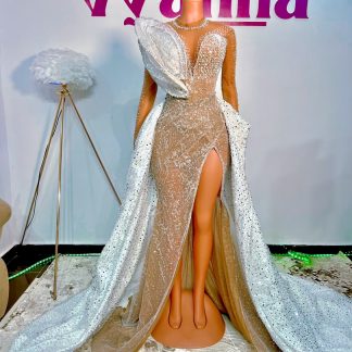 Dazzling Silver Crystal Illusion Bridal Gown with Sculptural Ruffle & Overskirt
