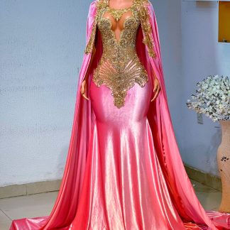 Opulent Pink Velvet & Gold Crystal Gown with Dramatic Cape