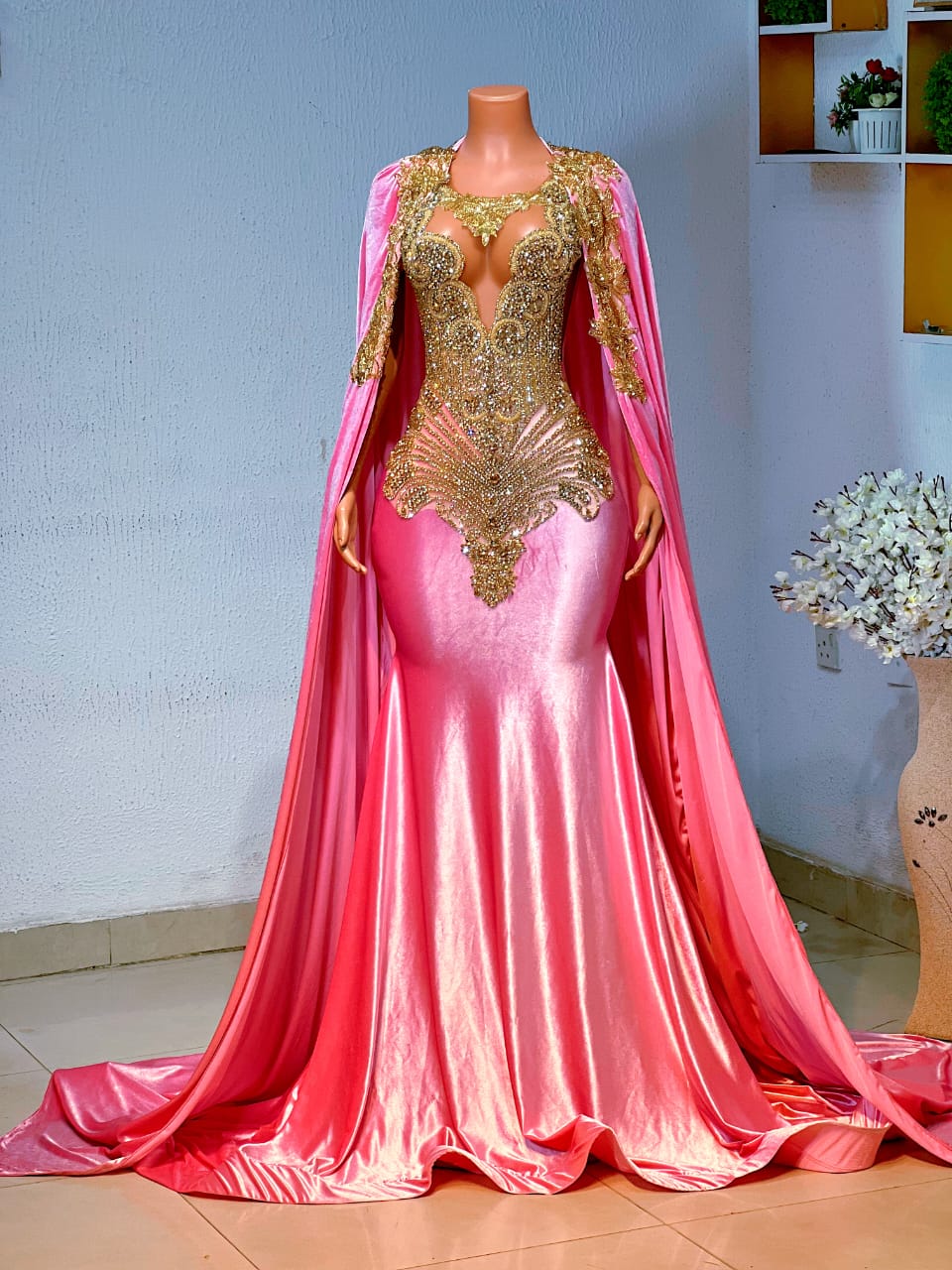 Opulent Pink Velvet & Gold Crystal Gown with Dramatic Cape